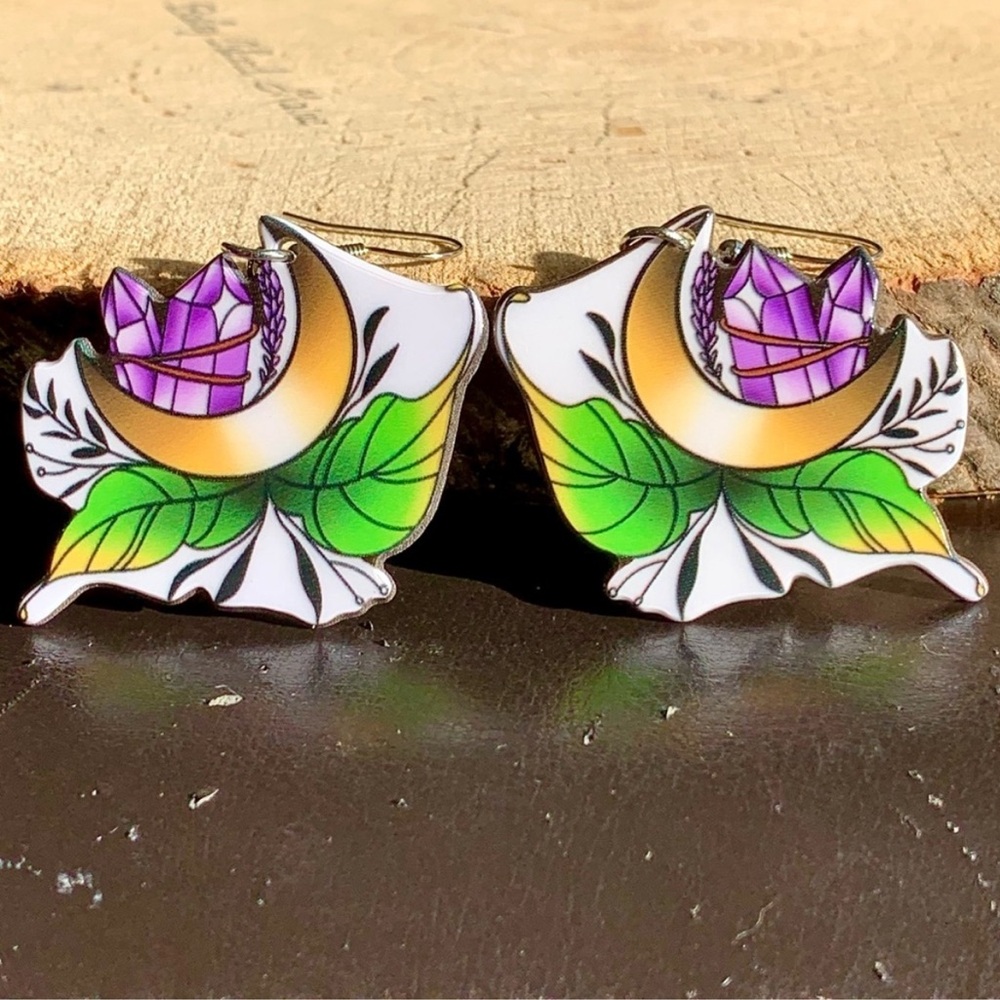 Mythical Witchy New Age Purple Crystal Crescent Moon Floral Acrylic Earrings